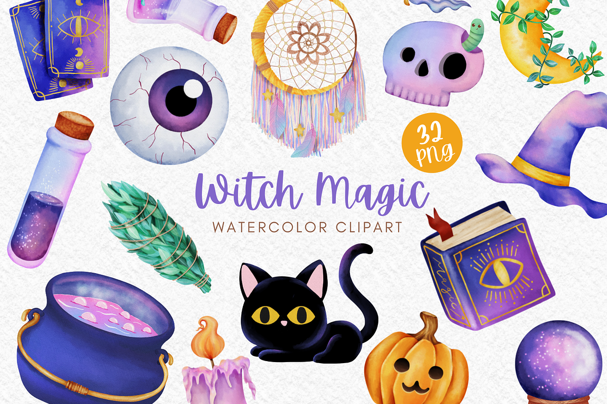 Witch Magic watercolor clipart, an Illustration by AkiraVilla (Photo 1 of 10)