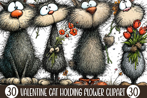 Valentine Cat Holding Flower Clipart, an Illustration by Designking