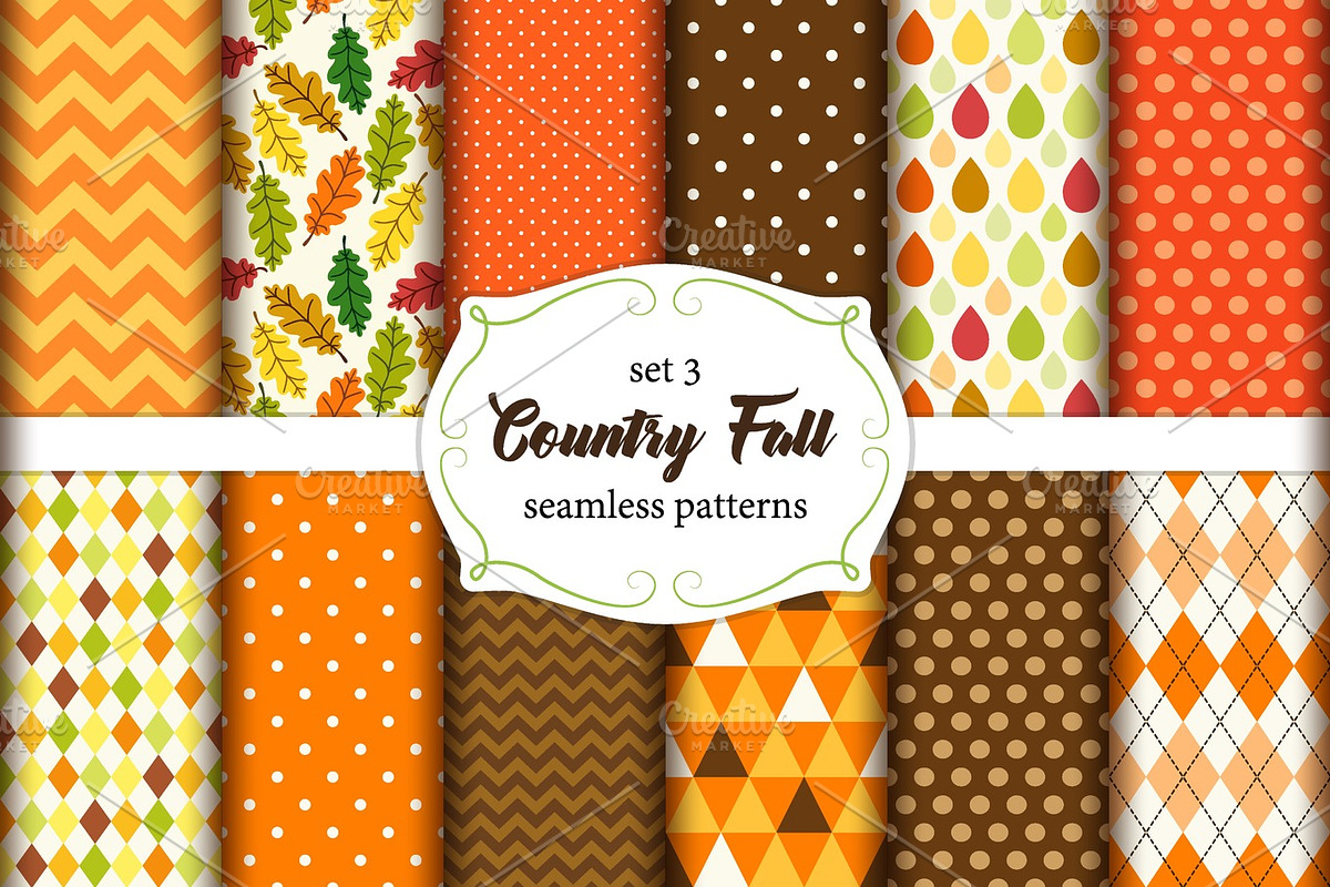 Set of 12 cute seamless Country Fall patterns with primitive ornaments ...