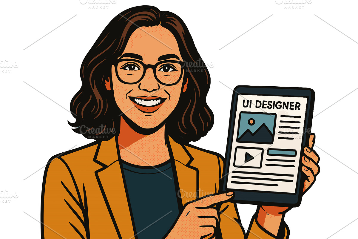 Smiling female UI designer holding, a Technology Illustration by AlexArt