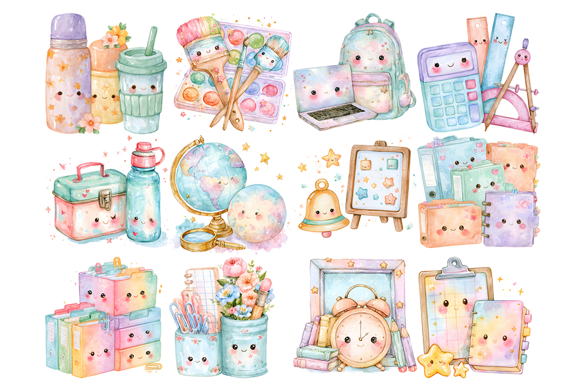 Watercolor School Supplies Clipart, a Decorative Illustration by stickermadness (Photo 3 of 4)