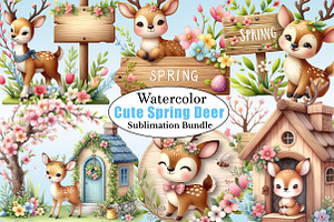 Watercolor Cute Spring Deer PNG