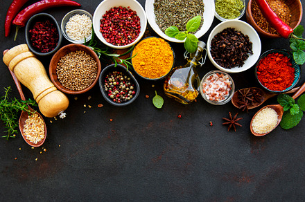 Various spices in a bowls on a black stock photo containing spice and, a Food & Drink Photo by Olena Rudo