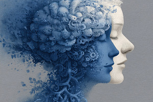 Surreal dual portrait of two women with intricate mechanical and, a Health & Medical Photo by José Manuel Gelpi
