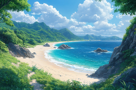 Tranquil coastal view with lush gree, a Photo by Tanuart