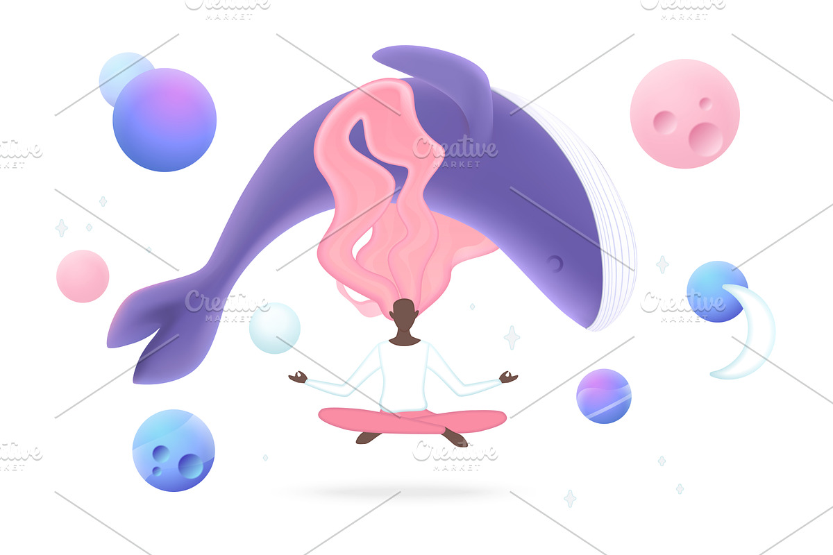 Surreal meditation whale planets art, an Illustration by Lemberg Vector