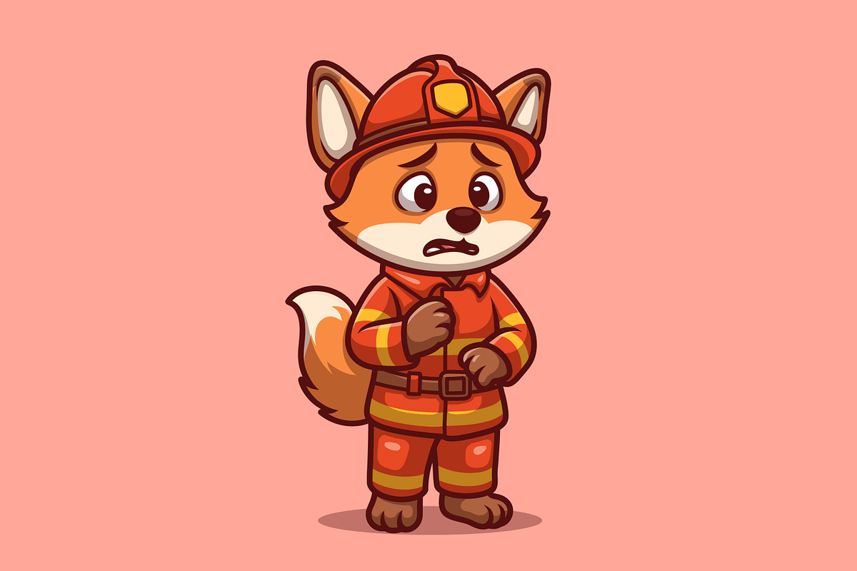 Worried Fox Firefighter Cute Cartoon, an Animal Illustration by Gumrega Studio