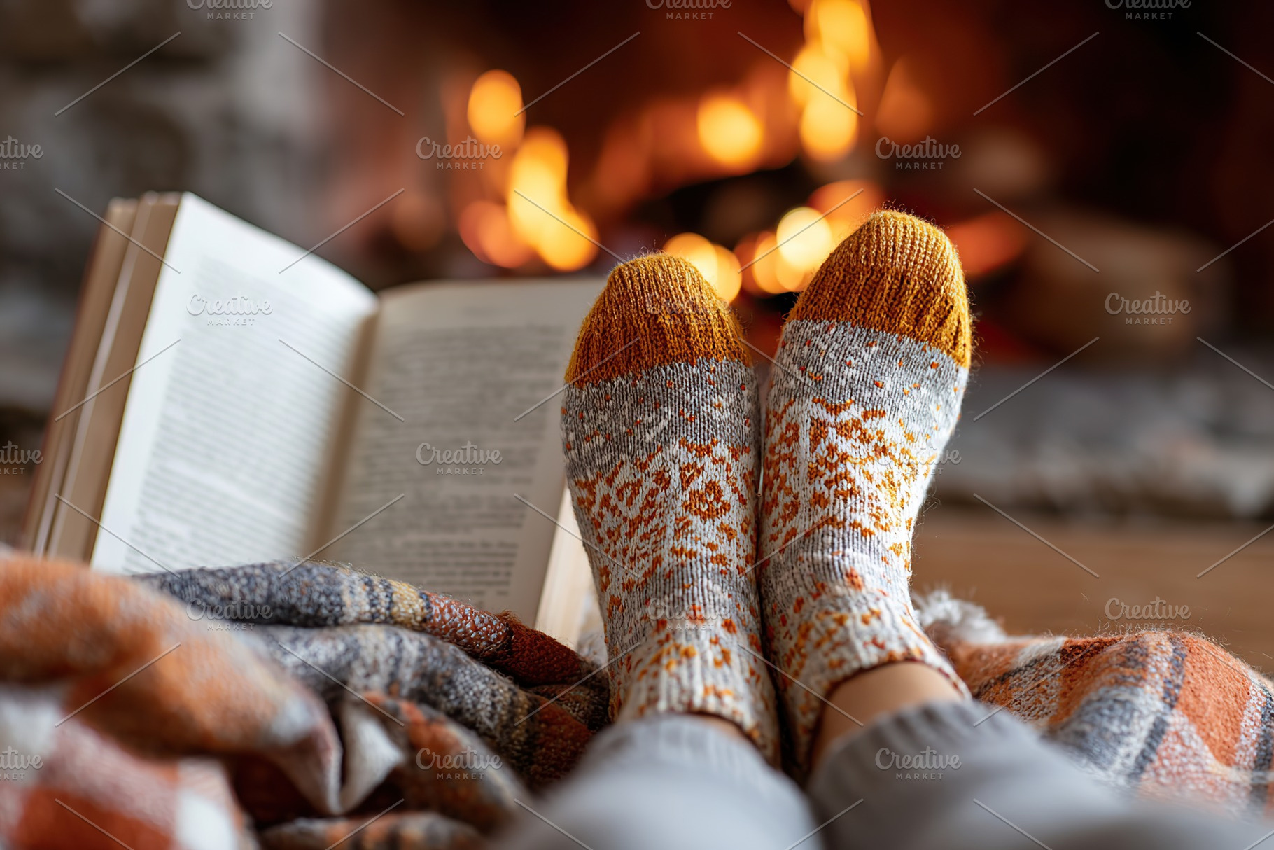 Cozy afternoon by the fireplace with warm socks, a blanket, and a good book, a Photo by AlyaAnd