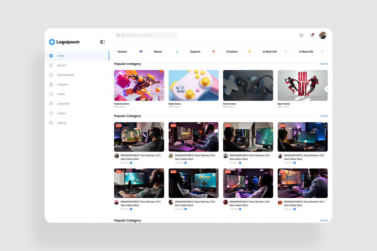 Game Stream Dashboard UI Kit, an UI Kit Template by iDoodle Studio