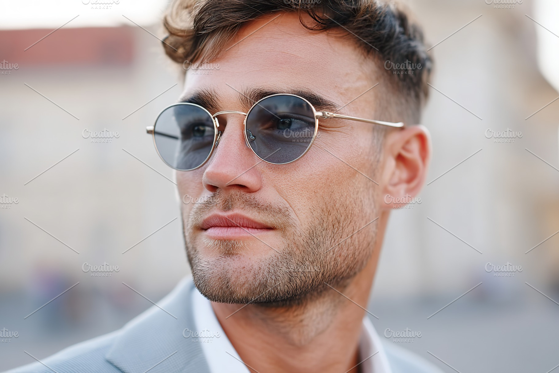 Stylish man wearing sunglasses and suit in urban setting during daylight hours, a Person Photo by AlyaAnd