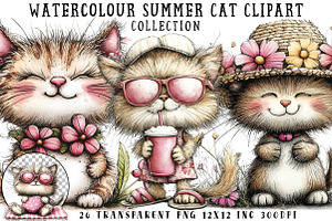 Watercolour Summer Cat Clipart, an Illustration by OK Design