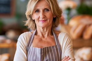 Mature woman baker entrepreneur standing in busy bakery, smiling, a Person Photo by Studio ANNA