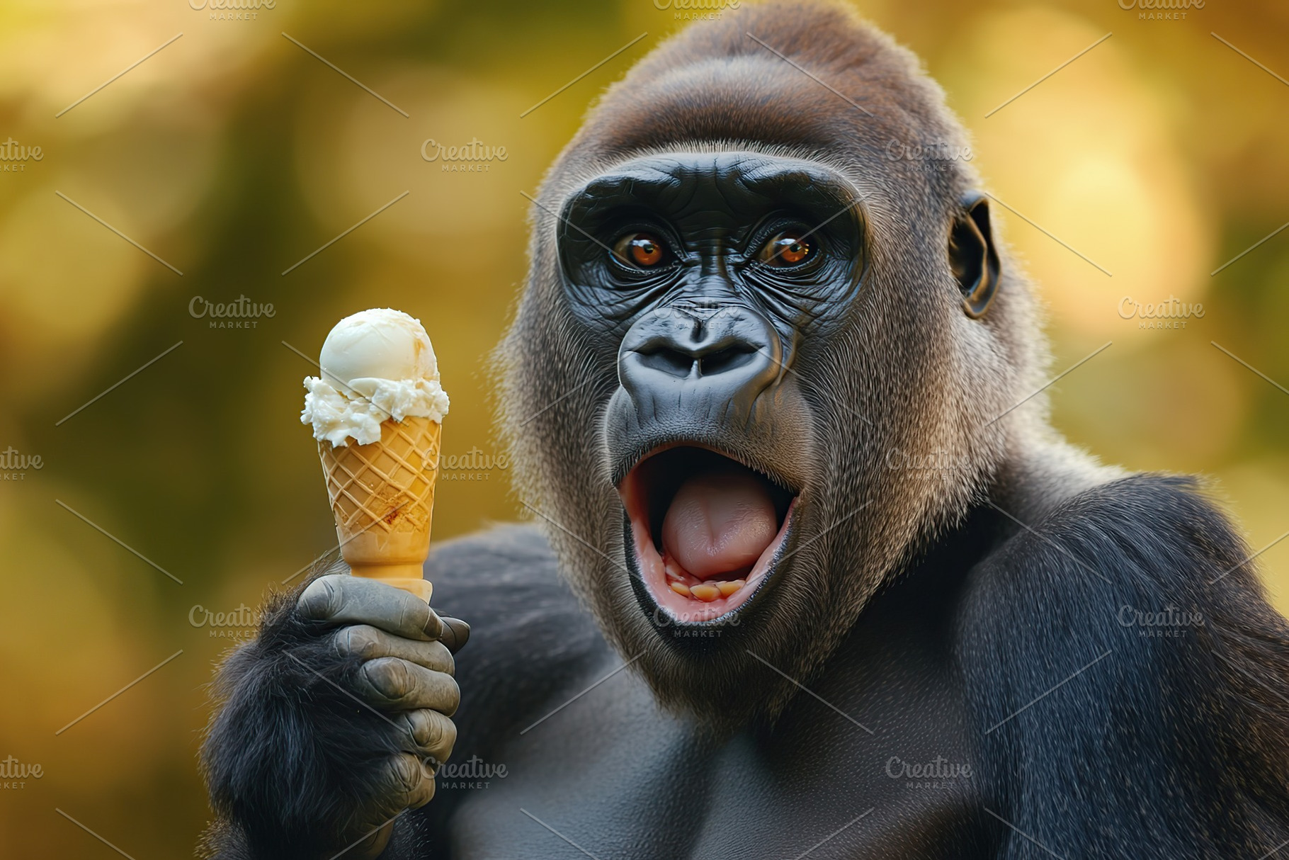 Funny gorilla eating ice cream on blurred background, an Animal Photo by AlyaAnd