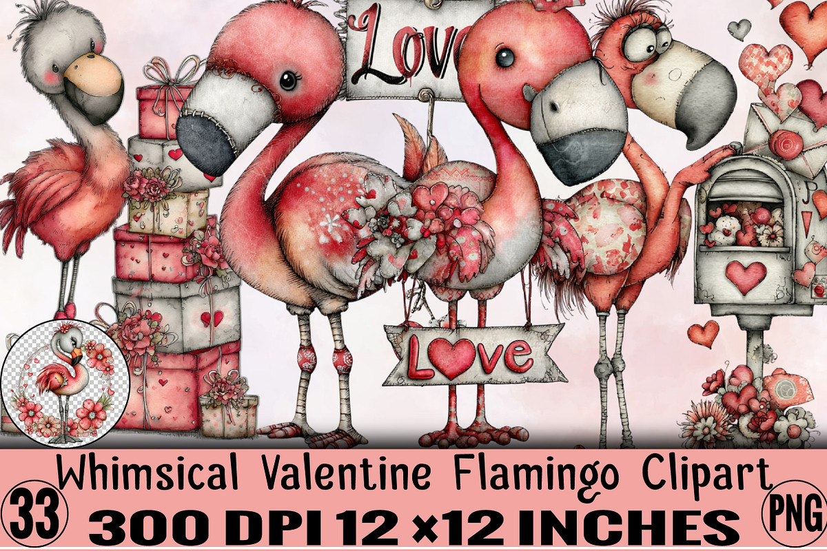 Whimsical Valentine Flamingo Clipart, an Illustration by SVGArt (Photo 1 of 8)