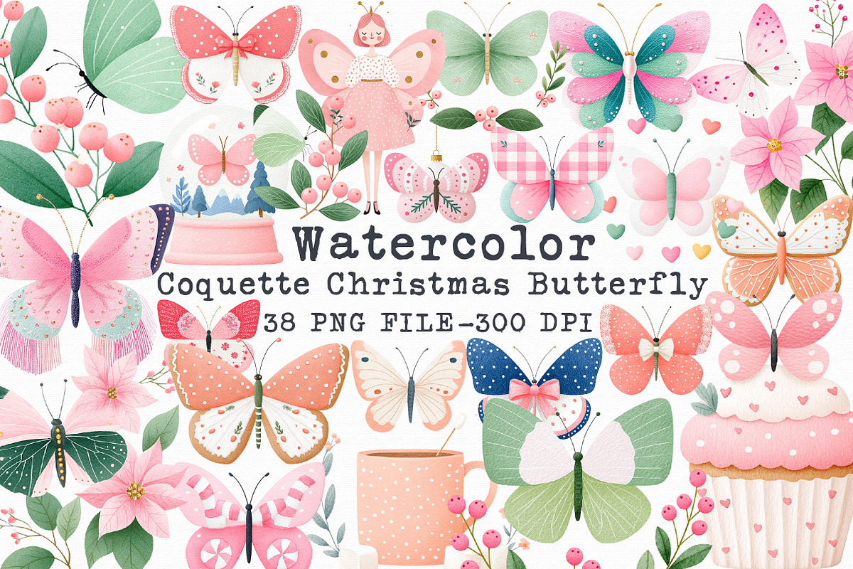 Coquette Christmas Butterfly Clipart, an Illustration by Libby Wishes (Photo 1 of 7)
