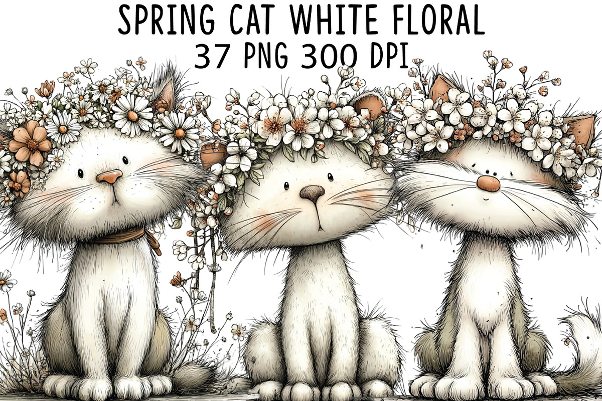 Spring Cat White Floral Clipart, an Illustration by CraftArtStudio