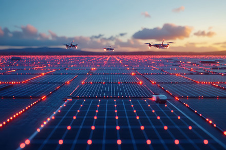 Drones monitoring a large solar pane, a Background Photo by Pixeness