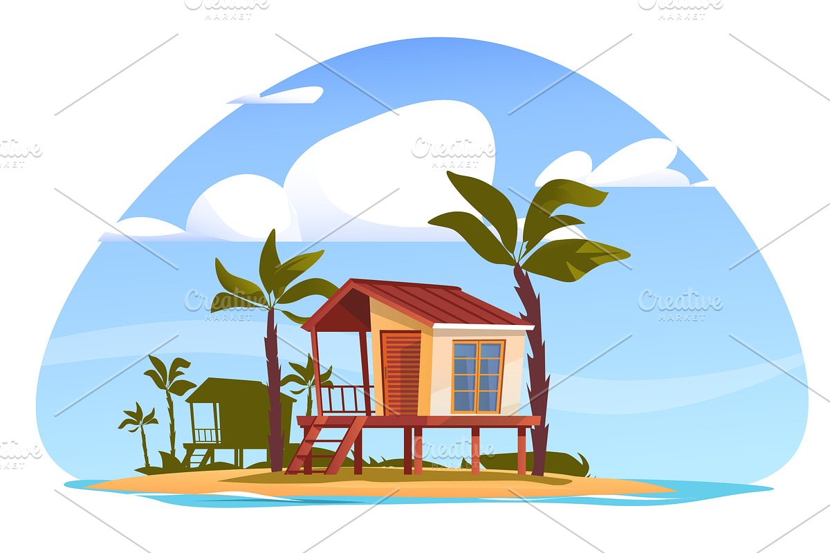 Beach hut. House by sea. Oceanfront, an Illustration by Vectorbuum