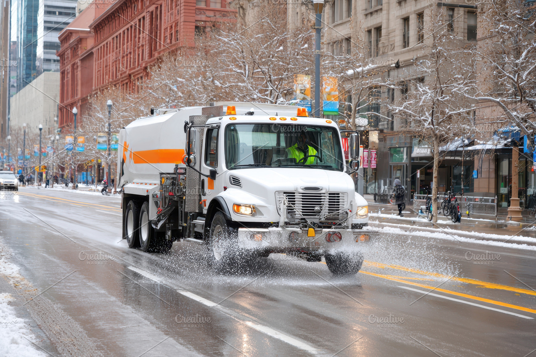 Snow removal truck on a snowy city street, a Transportation Photo by AlyaAnd