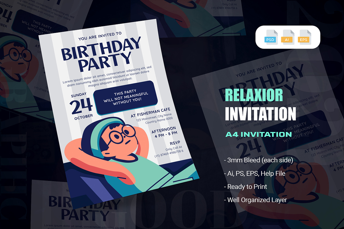 Relaxior Birthday Party Invitation, an Invitation Template by AQR Studio (Photo 1 of 2)