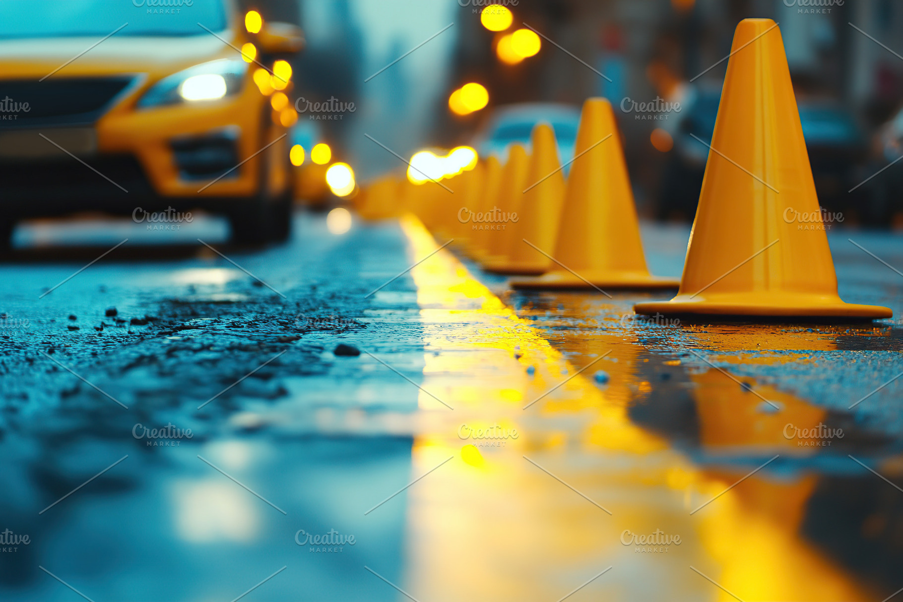 Yellow road cones lined up on wet asphalt during urban construct, a Photo by AlyaAnd