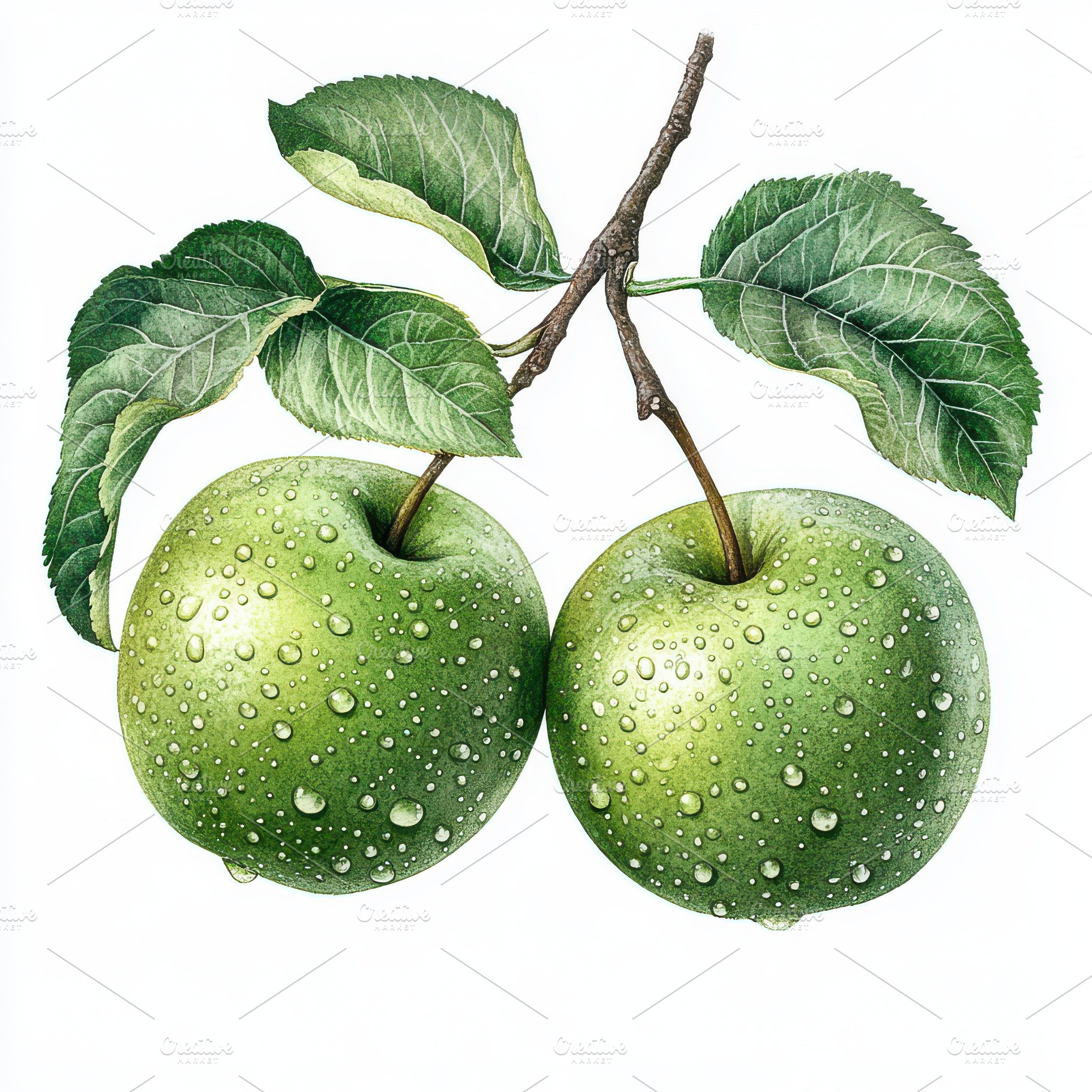 Two green granny smith apples with w, a Food & Drink Photo by Pixeness Studio
