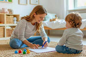 Mother and child drawing together at home, a Person Photo by DanFLCreativo