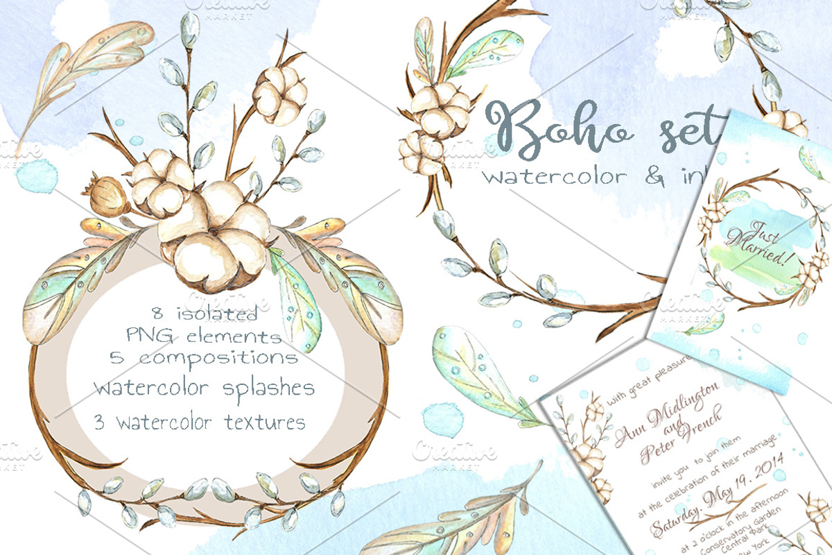Watercolor cotton boho set, a Texture Illustration by artdreamer (Photo 1 of 3)