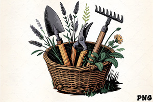 Gardening tools and herbs in wicker, an Illustration by CrexoraLab