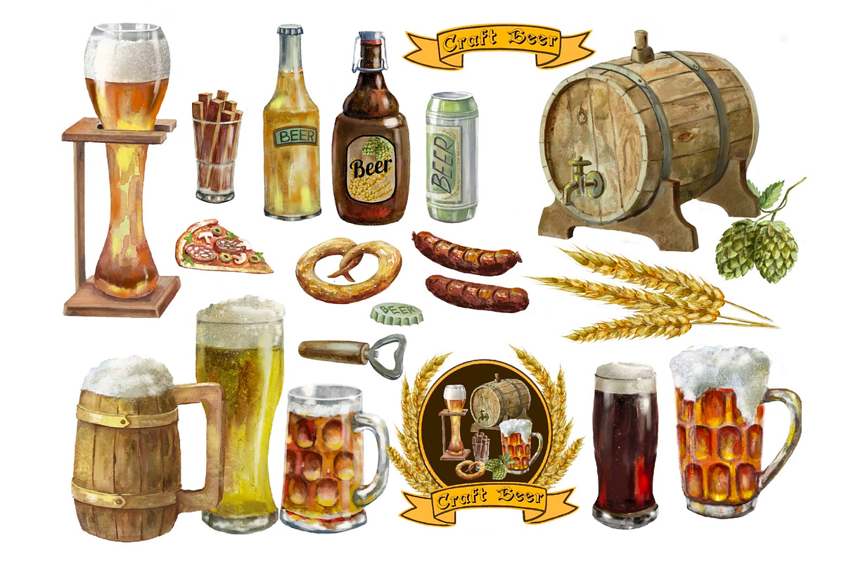 Beer and snacks watercolor set., a Food Illustration by AkvarelRiver (Photo 2 of 7)
