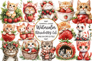 Strawberry Cat Sublimation Clipart, an Illustration by OK Design