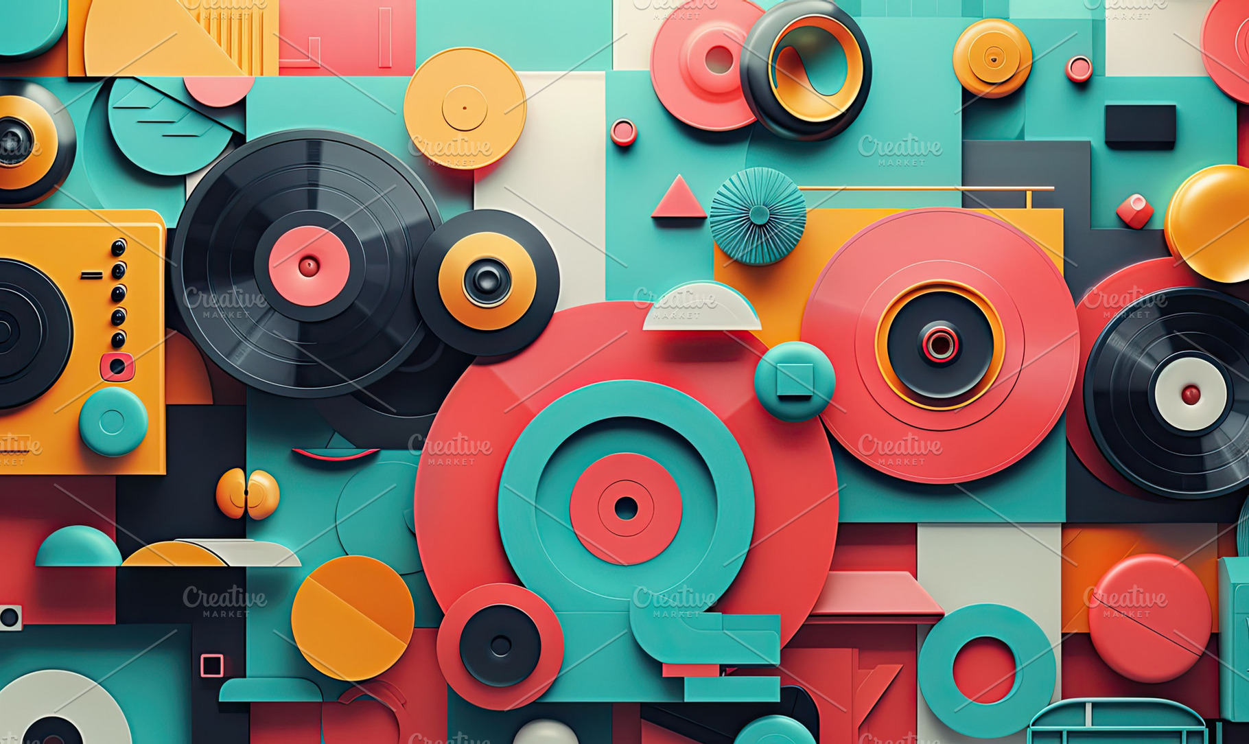 Colorful geometric shapes and vinyl, a Photo by LOGOCREATIVE