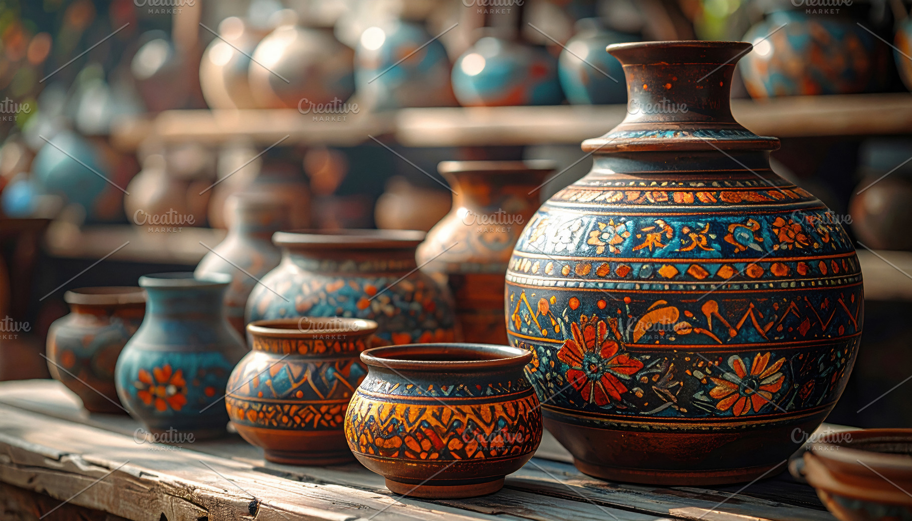 Handcrafted Floral Ceramic Vases on Wooden Shelf, an Arts & Entertainment Photo by Davizro's Market
