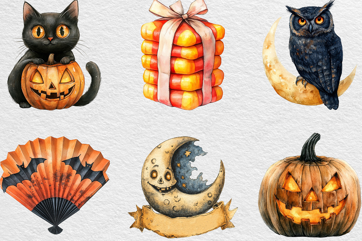 Watercolor Vintage Halloween Clipart, an Illustration by Black Bird Studio (Photo 5 of 6)