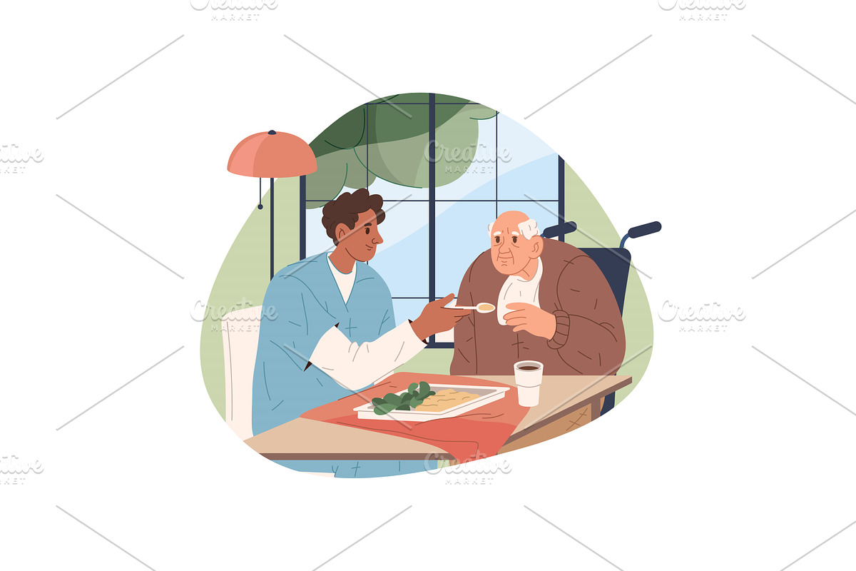 Nurse feeding elderly man at nursing, a Healthcare Illustration by Elegant Solution