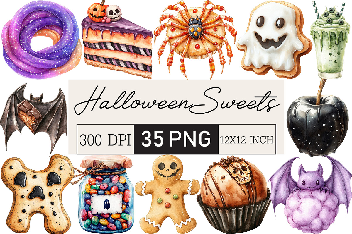 Watercolor Halloween Sweets Clipart, an Illustration by Black Bird Studio (Photo 1 of 6)