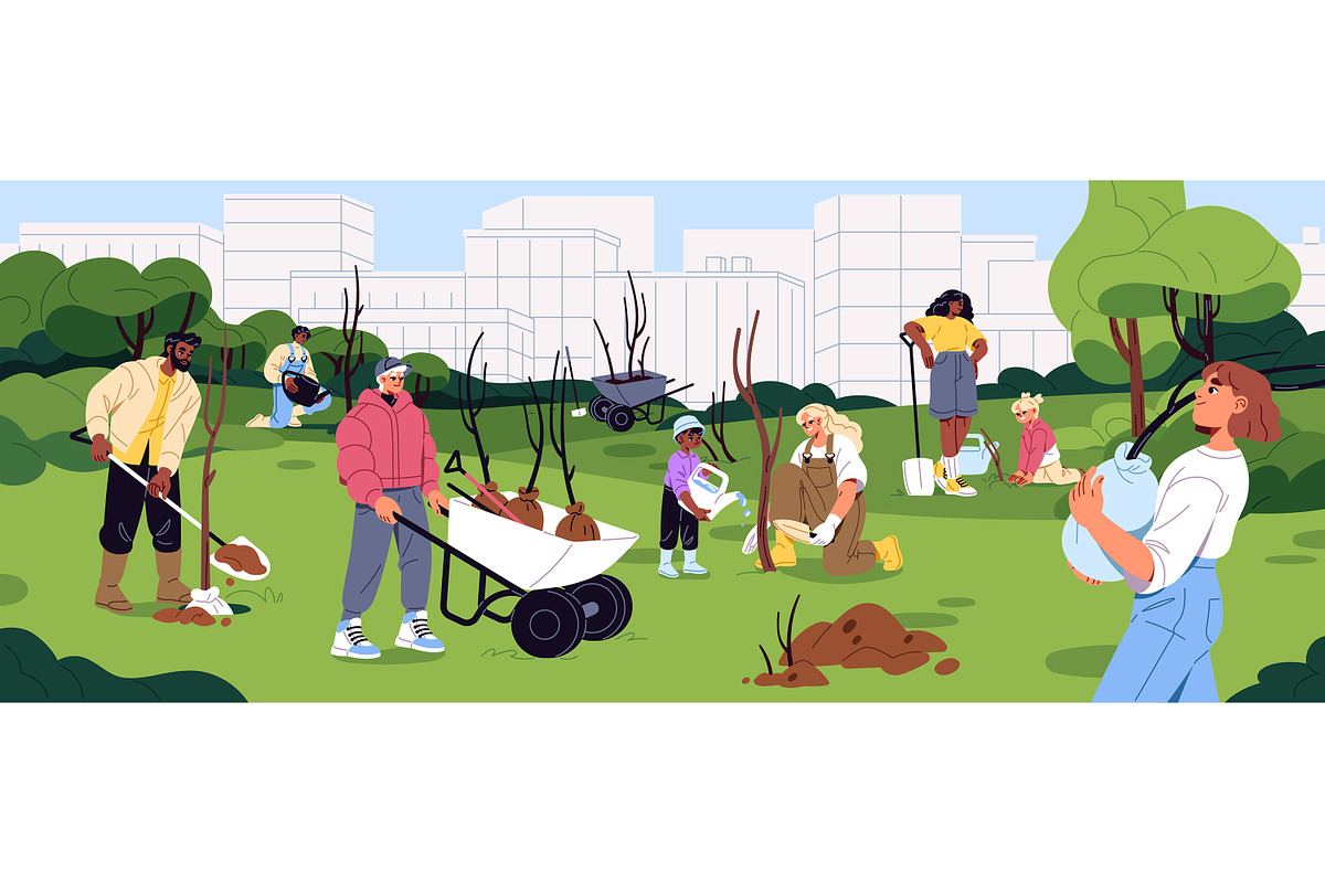 People planting trees in city park, a Person Illustration by PaperTrident