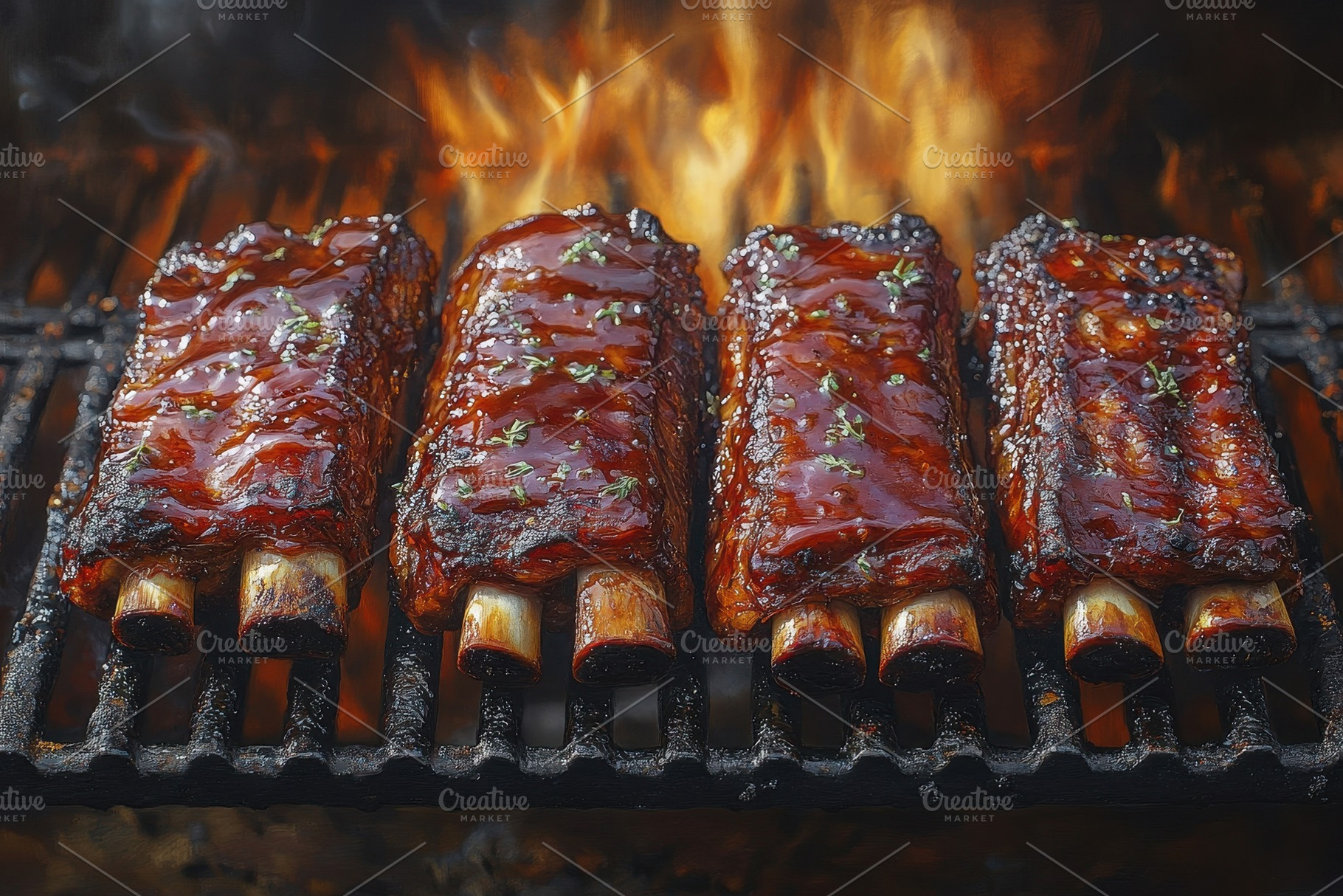 Grilling mouthwatering ribs over a r, a Photo by Tanuart