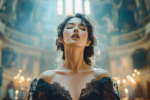 A opera singer woman with long hair and a black lace dress stands in a grand, i, a Person Photo by Textures & Backgrounds