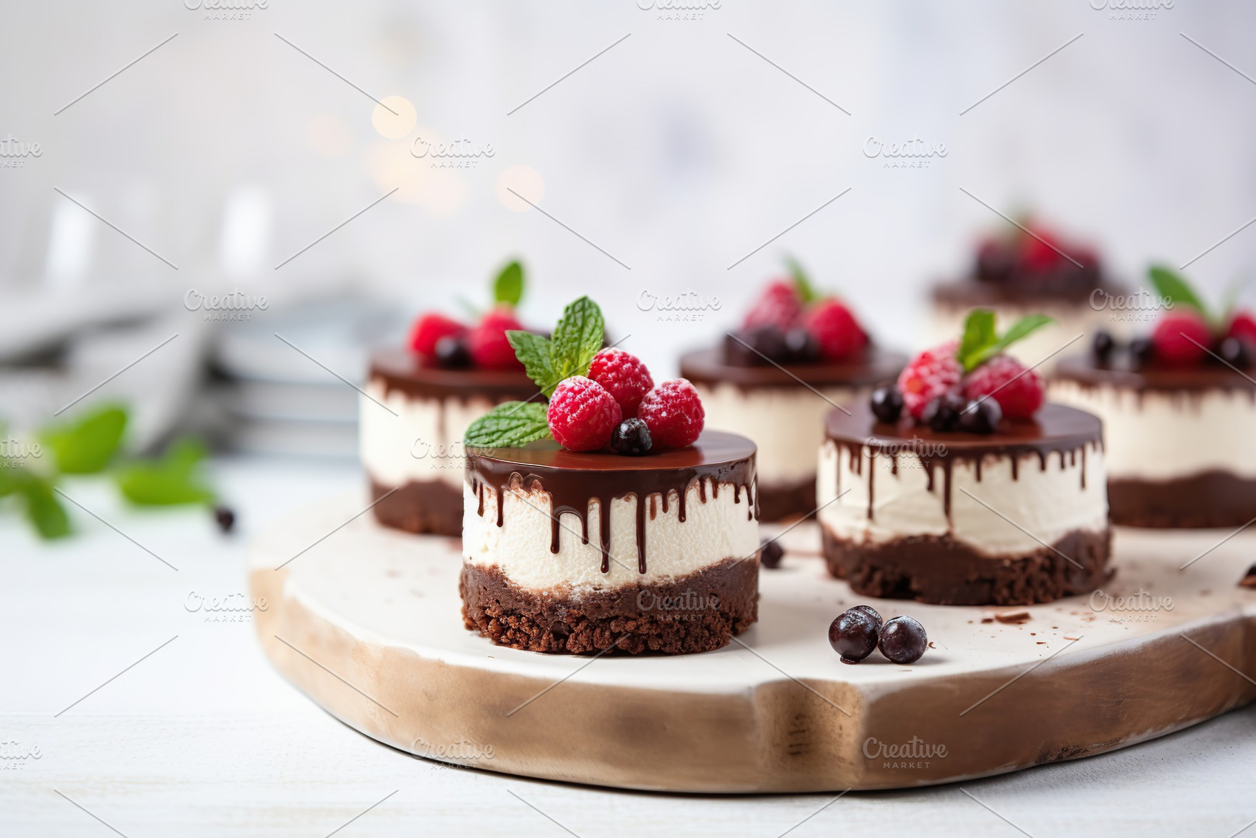 Chocolate cheesecake with berries on white background, a Food & Drink Photo by AlyaAnd