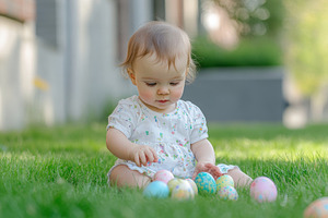 Baby explores toys on grass, a Photo by Pavel_design