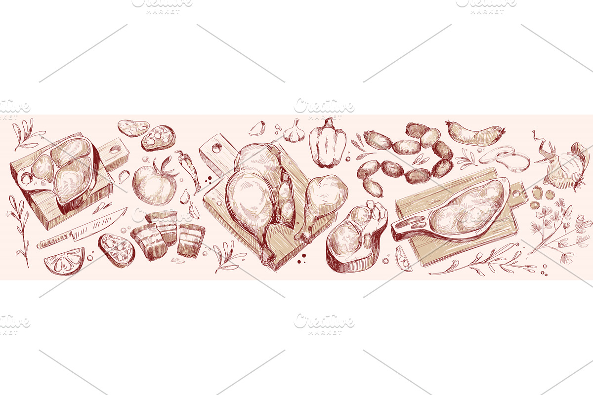 Raw meat piece with vegetable sketch, a Food Illustration by art PVP - market