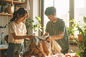 Young couple folding laundry together in a room apartment, a Person Photo by DanFLCreativo