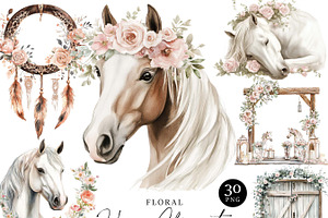 Watercolor Floral Horse Clipart, an Animal Illustration by Design Scotch