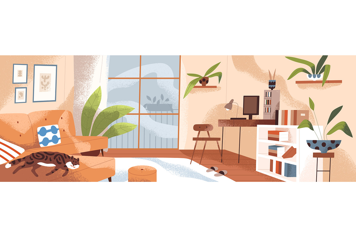 Living room interior at day & night, a Decorative Illustration by Good Studio (Photo 2 of 5)
