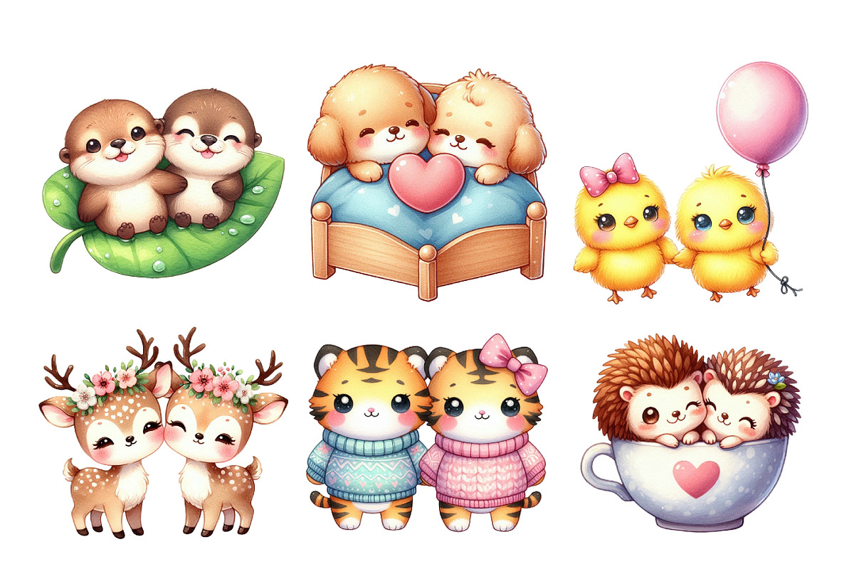 Kawaii Animal Couples Clipart Bundle, an Illustration by Daily.Designs (Photo 3 of 4)