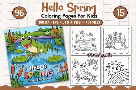 Hello Spring Coloring Pages for Kids, a Graphic by CraftyCoveart