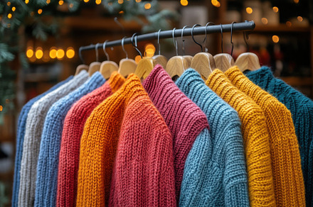 Cozy knitted sweaters displayed on h, a Photo by Tanuart