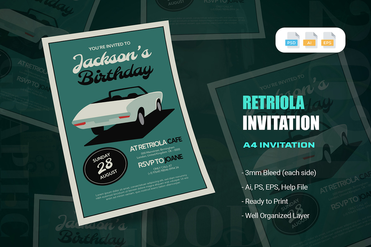Retriola Birthday Invitation, an Invitation Template by AQR Studio (Photo 1 of 2)
