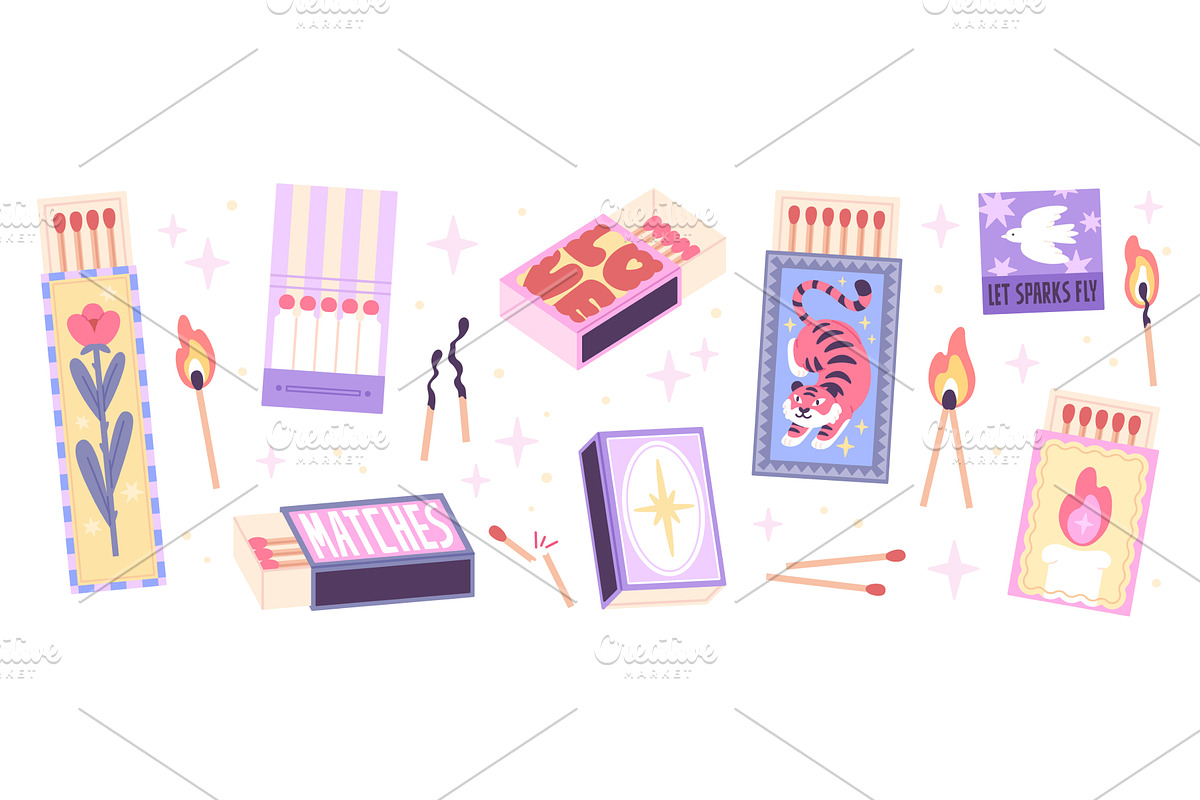 Cartoon matchboxes. Burning matches, an Illustration by LadadikArt